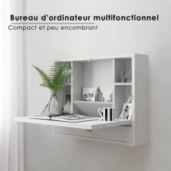 COSTWAY Table Murale Rabattable En MDF Avec Etagére Intégrée Table Murale Pliable Pour Ordinateur Blanc Capacité De Charge 20KG -France Bureau Soldes 2022 16296641 3
