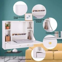 COSTWAY Table Murale Rabattable En MDF Avec Etagére Intégrée Table Murale Pliable Pour Ordinateur Blanc Capacité De Charge 20KG -France Bureau Soldes 2022 16296641 4