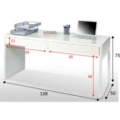 CAESAROO Bureau 138x50 Cm Blanc Mat Avec Deux Tiroirs | Blanc -France Bureau Soldes 2022 16625345 3