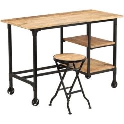 ASUPERMALL Bureau Avec Tabouret Pliant Bois De Manguier Massif 115X50X76Cm -France Bureau Soldes 2022 16803669 3
