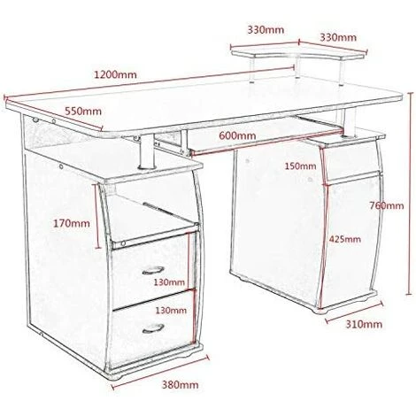 COSTWAY Table De Bureau Pour Ordinateur PC Avec Tablette Imprimante, Tablette à Clavier, 2 Tiroirs Et Plate-forme De Moniteur 7 COSTWAY Table De Bureau Pour Ordinateur PC Avec Tablette Imprimante, Tablette à Clavier, 2 Tiroirs Et Plate-forme De Moniteur – Image 5