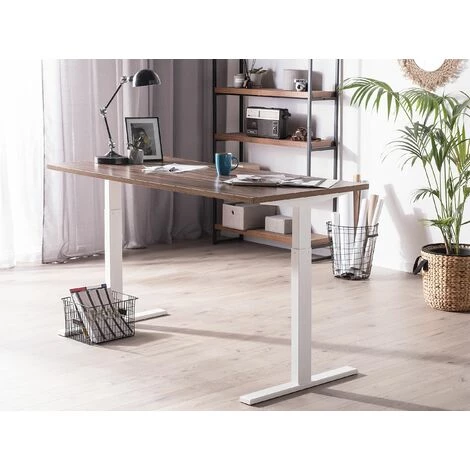 BELIANI Table à Hauteur Ajustable En Acier Bois Foncé - Bois Foncé 4 BELIANI Table à Hauteur Ajustable En Acier Bois Foncé - Bois Foncé – Image 2