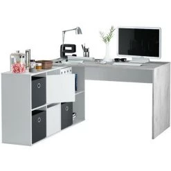 CAESAROO Bureau Multi-positions 203x66 Cm Blanc Mat Et Ciment Avec Deux Portes Et Quatre étagères | Ciment / Blanc -France Bureau Soldes 2022 18328195 3