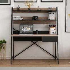 HOMEMANIA Bureau Arte Avec Etageres, Tiroir - Pour Bureau, Chambre - Noyer, Noir En Bois, 124 X 55 X 150 Cm