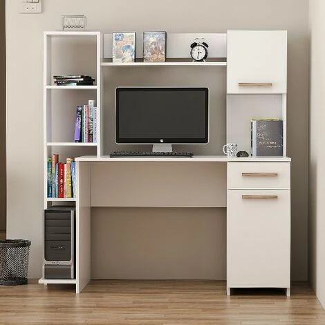 HOME MANIA Bureau Merry Compacte Avec Bibliotheque Integree - Avec Etageres, Tiroir, Porte - Pour Bureau, Chambre - Blanc, Noyer En Bois, 144 X 60 X 151 Cm 3 HOME MANIA Bureau Merry Compacte Avec Bibliotheque Integree - Avec Etageres, Tiroir, Porte - Pour Bureau, Chambre - Blanc, Noyer En Bois, 144 X 60 X 151 Cm