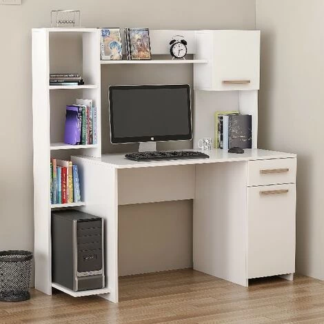HOME MANIA Bureau Merry Compacte Avec Bibliotheque Integree - Avec Etageres, Tiroir, Porte - Pour Bureau, Chambre - Blanc, Noyer En Bois, 144 X 60 X 151 Cm 4 HOME MANIA Bureau Merry Compacte Avec Bibliotheque Integree - Avec Etageres, Tiroir, Porte - Pour Bureau, Chambre - Blanc, Noyer En Bois, 144 X 60 X 151 Cm – Image 2