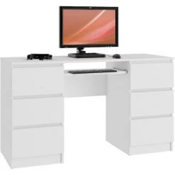 HUCOCO GOYA - Bureau Informatique Moderne 135x77x50 Cm - 6 Tiroirs + Support Clavier - Gaming - Table Ordinateur Multi-rangements - Blanc