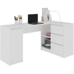 HUCOCO BALAUR - Bureau Informatique D'angle - 155x85x77 Cm - 3 Tiroirs + Niches - Table D'ordinateur - Mobilier Bureau - Blanc