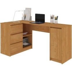 HUCOCO BALAUR - Bureau Informatique D'angle Chambre Bureau 155x85x77cm - 3 Tiroirs + Grandes Niches - Table Ordinateur Multi-rangements - Marron