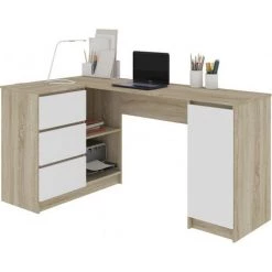 HUCOCO BALAUR - Bureau Informatique D'angle Chambre/bureau 155x85x77cm - 3 Tiroirs + Porte - Table Ordinateur Multi-rangements - Beige