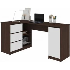 HUCOCO BALAUR - Bureau Informatique D'angle Contemporain 155x85x77 Cm - 3 Tiroirs + Grandes Niches - Table Ordinateur Multi-rangements - Marron