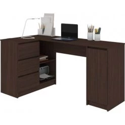 HUCOCO BALAUR - Bureau Informatique D'angle Contemporain 155x85x77cm - 3 Tiroirs + Porte - Table Ordinateur Multi-rangements - Marron
