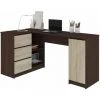 HUCOCO BALAUR - Bureau Informatique D'angle Contemporain 155x85x77 Cm - 3 Tiroirs + Niches - Table Ordinateur Multi-rangements - Marron -France Bureau Soldes 2022 18516734 1