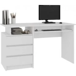 HUCOCO TOSKA - Bureau Informatique Contemporain 135x77x60 Cm - Grand Plateau + 3 Tiroirs + Niche De Rangement - Table Ordinateur - Blanc