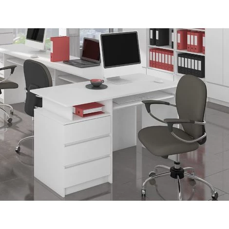 HUCOCO TOSKA - Bureau Informatique Contemporain 135x77x60 Cm - Grand Plateau + 3 Tiroirs + Niche De Rangement - Table Ordinateur - Blanc 4 HUCOCO TOSKA - Bureau Informatique Contemporain 135x77x60 Cm - Grand Plateau + 3 Tiroirs + Niche De Rangement - Table Ordinateur - Blanc – Image 2