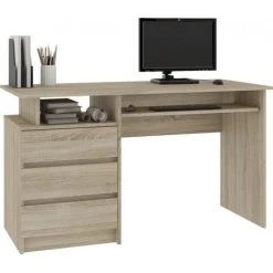 HUCOCO TOSKA - Bureau Informatique Contemporain 135x77x60cm - Grand Plateau + 3 Tiroirs + Niche De Rangement - Mobilier Bureau - Beige