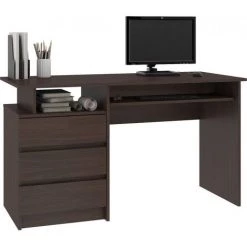 HUCOCO TOSKA - Bureau Informatique Style Contemporain 135x77x60 Cm - Grand Plateau + 3 Tiroirs + Niche De Rangement - Mobilier Bureau - Marron