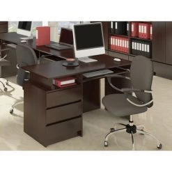 HUCOCO TOSKA - Bureau Informatique Style Contemporain 135x77x60 Cm - Grand Plateau + 3 Tiroirs + Niche De Rangement - Mobilier Bureau - Marron -France Bureau Soldes 2022 18516746 3