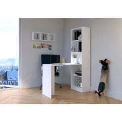 HUCOCO MERAK - Bureau Réversible Avec Bibliothèque Bureau Salon - 125x180x50 Cm - Meuble Rangement Gain De Place - Bureau Compacte - Blanc -France Bureau Soldes 2022 18516747 2