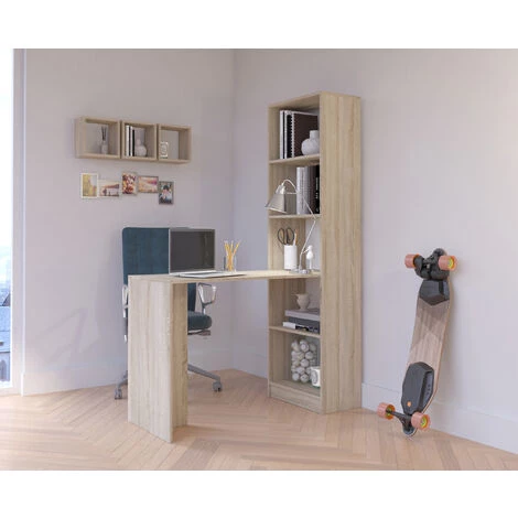 HUCOCO MERAK - Bureau Réversible Avec Bibliothèque Bureau Salon - 125x180x50cm - Meuble Rangement Gain De Place - Bureau Compacte - Beige 4 HUCOCO MERAK - Bureau Réversible Avec Bibliothèque Bureau Salon - 125x180x50cm - Meuble Rangement Gain De Place - Bureau Compacte - Beige – Image 2