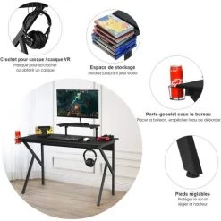 COSTWAY Bureau Gamer Avec Surface En Fibre De Carbone PVC Et Etagère Surélevée Réglable, Jambe En Forme K, 120 X 55 X 90,5-99,5 Cm -France Bureau Soldes 2022 19151597 4