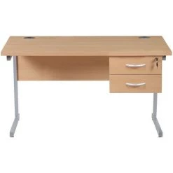 CERTEO Bureau Rectangulaire Compact Avec 2 Tiroirs | Piétement En C | LxP 1400 X 600 Mm | Pieds Argentés | Hêtre | Karbon K1 | - Hêtre