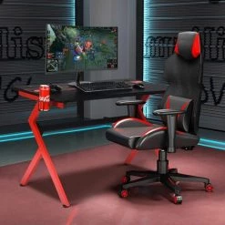COSTWAY Bureau Gaming,Bureau De Jeu Pour Gamer En MDF+Tubes En Acier Avec 1 Porte-Gobelet Et 1Porte-Ecouteurs 115x66x77cm Noir Rouge -France Bureau Soldes 2022 19589630 4