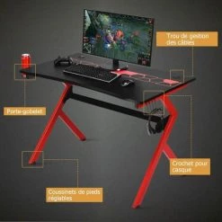 COSTWAY Bureau Gaming,Bureau De Jeu Pour Gamer En MDF+Tubes En Acier Avec 1 Porte-Gobelet Et 1Porte-Ecouteurs 115x66x77cm Noir Rouge -France Bureau Soldes 2022 19589630 5