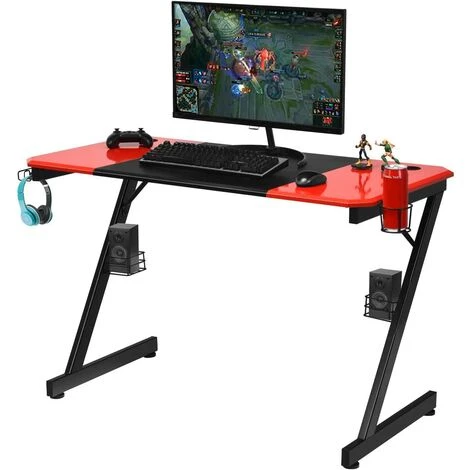 COSTWAY Bureau De Jeu Bureau Gamer Surface En Fibre De Carbone 120 X 60 X 76CM Avec Porte-gobelet, Crochet Pour Ecouteurs Et Supports Audio Noir Et Rouge 3 COSTWAY Bureau De Jeu Bureau Gamer Surface En Fibre De Carbone 120 X 60 X 76CM Avec Porte-gobelet, Crochet Pour Ecouteurs Et Supports Audio Noir Et Rouge