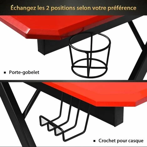COSTWAY Bureau De Jeu Bureau Gamer Surface En Fibre De Carbone 120 X 60 X 76CM Avec Porte-gobelet, Crochet Pour Ecouteurs Et Supports Audio Noir Et Rouge 6 COSTWAY Bureau De Jeu Bureau Gamer Surface En Fibre De Carbone 120 X 60 X 76CM Avec Porte-gobelet, Crochet Pour Ecouteurs Et Supports Audio Noir Et Rouge – Image 4