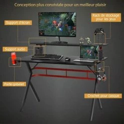COSTWAY Bureau Gaming Pour Gamer Professionnel Avec Porte-gobelet, Crochet Pour Casque, Support Pour Poignée, Support Pour Moniteur Table De Jeu Ergonomique Noir 120 X 60 X 97 CM -France Bureau Soldes 2022 19625272 3