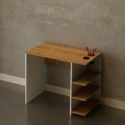 HOMEMANIA Bureau Basil Wood- Table - Avec Etagere, Etageres - Bureau, Etude, Chambre -Chene, Blanc En Penneau De Particules, 90 X 50 X 72 Cm -France Bureau Soldes 2022 19715359 3