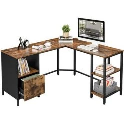 VASAGLE Bureau D'angle, Avec Caisson à Dossiers Suspendus, 2 étagères, 137 X 150 X 75 Cm, Cadre En Acier, Style Industriel, Par SONGMICS LWD75X - Rustique Et Noir