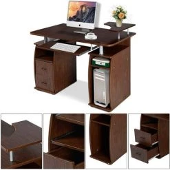 COSTWAY Bureau Informatique Table De Bureau En MDF Pour Ordinateur Multi-Rangements Avec Tablette Imprimante, Tablette à Clavier Coulissante, 2 Tiroirs 120x55x85cm (Noyer) -France Bureau Soldes 2022 19890755 2