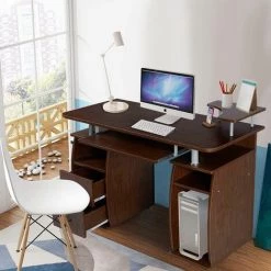 COSTWAY Bureau Informatique Table De Bureau En MDF Pour Ordinateur Multi-Rangements Avec Tablette Imprimante, Tablette à Clavier Coulissante, 2 Tiroirs 120x55x85cm (Noyer) -France Bureau Soldes 2022 19890755 4