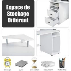 COSTWAY Bureau Informatique Table De Bureau En MDF Pour Ordinateur Multi-Rangements Avec Tablette Imprimante, Tablette à Clavier Coulissante, 2 Tiroirs 120x55x85cm Blanc -France Bureau Soldes 2022 19894806 2