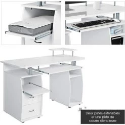 COSTWAY Bureau Informatique Table De Bureau En MDF Pour Ordinateur Multi-Rangements Avec Tablette Imprimante, Tablette à Clavier Coulissante, 2 Tiroirs 120x55x85cm Blanc -France Bureau Soldes 2022 19894806 3