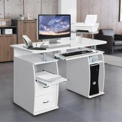 COSTWAY Bureau Informatique Table De Bureau En MDF Pour Ordinateur Multi-Rangements Avec Tablette Imprimante, Tablette à Clavier Coulissante, 2 Tiroirs 120x55x85cm Blanc -France Bureau Soldes 2022 19894806 4