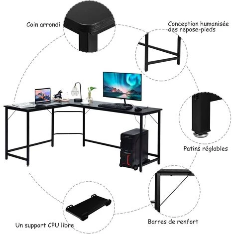 COSTWAY Bureau/Table Informatique,Bureau/Table D’Angle Ordinateur Coin En Bois Et Métal Avec 6 Pieds Réglables 168 X 125 X 74CM (Noir) 5 COSTWAY Bureau/Table Informatique,Bureau/Table D’Angle Ordinateur Coin En Bois Et Métal Avec 6 Pieds Réglables 168 X 125 X 74CM (Noir) – Image 3