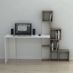 HOMEMANIA Asya Bureau Avec Des Etageres - Du Salon, De La Chambre A Coucher, Du Bureau, De L'etude -Blanc, Noyer En Bois, 176 X 50 X 141,8 Cm