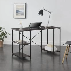 [en.casa] Bureau Avec Etagères Table Poste De Travail Panneau De Particules Mélaminé Et Acier Revêtu Par Poudre Couleur Noyer Et Noir 75 X 120 X 60 Cm