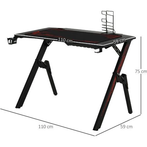 HOMCOM Bureau Gaming Bureau Gamer Bureau Informatique Bracket Support Casque Porte-gobelet Et Tapis Souris Fournis Métal MDF Noir Rouge 5 HOMCOM Bureau Gaming Bureau Gamer Bureau Informatique Bracket Support Casque Porte-gobelet Et Tapis Souris Fournis Métal MDF Noir Rouge – Image 3