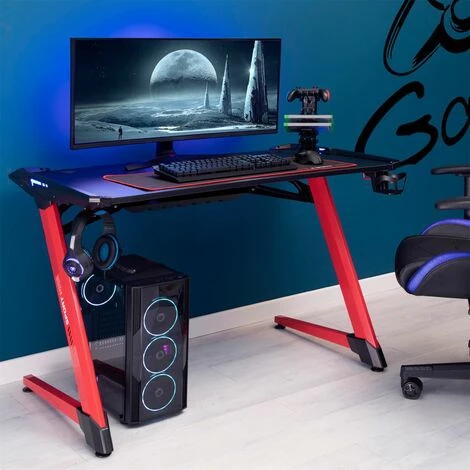 IDIMEX Bureau Gaming RUSH Avec éclairage LED, Support Casque Et Manette De Jeu Avec Port USB, Bureau Pc Gamer Pro En Métal Noir Et Rouge - Noir/rouge 4 IDIMEX Bureau Gaming RUSH Avec éclairage LED, Support Casque Et Manette De Jeu Avec Port USB, Bureau Pc Gamer Pro En Métal Noir Et Rouge - Noir/rouge – Image 2