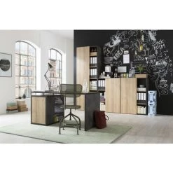 MEUBLETMOI Bureau 140 Cm En Bois Marron Et Gris - JENY - Gris -France Bureau Soldes 2022 22881233 3
