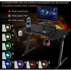 COSTWAY Bureau Gamer, Table De Gaming, Avec Support D’Ecran, Surface En Fibre De Carbone Avec Lumières RVB -France Bureau Soldes 2022 23114262 2
