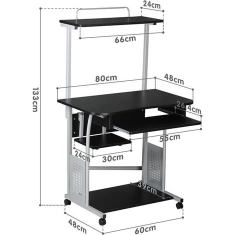 Yaheetech Bureau Informatique Avec 3 Tablettes De Rangement Design Table Ordinateur Roulettes Avec Freins Bureau Ordinateur Noir 80 X 50 X 132 Cm 5 Yaheetech Bureau Informatique Avec 3 Tablettes De Rangement Design Table Ordinateur Roulettes Avec Freins Bureau Ordinateur Noir 80 X 50 X 132 Cm – Image 3