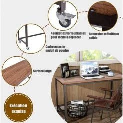 COSTWAY Bureau Informatique à Roulette Avec Cadre En Acier Bureau à Domicile 120x60x75CM (Brun) 10 COSTWAY Bureau Informatique à Roulette Avec Cadre En Acier Bureau à Domicile 120x60x75CM (Brun) -France Bureau Soldes 2022 23823900 4