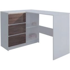 HUCOCO KIAN B - Bureau D'angle + Rangements + 3 Tiroirs - 112x87x76 Cm - Table D'ordinateur Forme De L - Table De Travail - Blanc