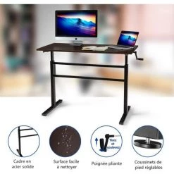 COSTWAY Table De Travail De Bureau Avec Manivelle, Table D'Ordinateur Réglable En Hauteur, 120x60x75-113cm -France Bureau Soldes 2022 24219944 4