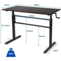 COSTWAY Table De Travail De Bureau Avec Manivelle, Table D'Ordinateur Réglable En Hauteur, 120x60x75-113cm -France Bureau Soldes 2022 24219944 5